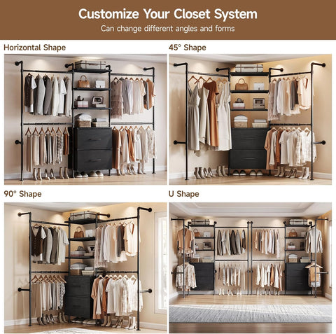 ONBRILL T3 Wall Mounted Industrial Pipe Closet Organizers Storage System Metal Clothing Rack with 2 Drawers, 6 Wooden Shelves & 4 Expandable Rods, Heavy Duty Garment Rack, Wardrobe (Black)