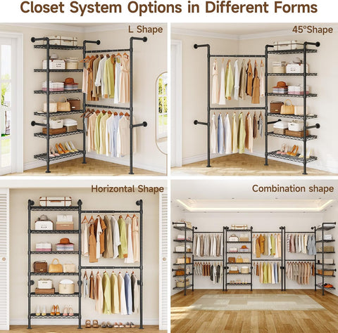 ONBRILL L2 Wall Mounted Closet System, Industrial Pipe Clothing Rack, Black Metal Clothes Rack with 2 Telescopic Rods & 6 Shelves, Heavy Duty Closet Organizers for Wardrobe, Reach-in & Walk-in Closets