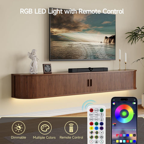 ONBRILL 80" Floating TV Stand with Power Outlet for TVs up to 95", Walnut Fluted Entertainment Center with Remote Control for LED Lights, Mid-Century Modern TV Console w/Sliding Door for Living Room