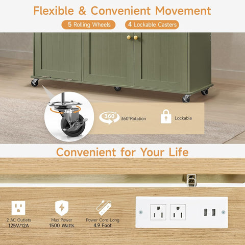 ONBRILL 60" Kitchen Island with Trash Can Storage, Green Kitchen Island Cart with Power Outlet & Drop Leaf, Storage Cabinet with Adjustable Shelf, Rolling Island Table for Kitchen