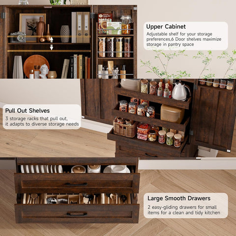 ONBRILL 71" Kitchen Pantry Cabinet, 3 Pull-Out Shelves & 2 Drawers, Brown Tall Farmhouse Pantry Storage Cabinet with 6 Door Shelf & Adjustable Shelf, Freestanding Cupboard for Kitchen, Dining Room