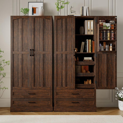 ONBRILL 71" Kitchen Pantry Cabinet, 3 Pull-Out Shelves & 2 Drawers, Brown Tall Farmhouse Pantry Storage Cabinet with 6 Door Shelf & Adjustable Shelf, Freestanding Cupboard for Kitchen, Dining Room