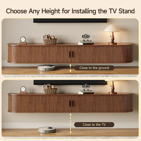 ONBRILL 80" Floating TV Stand with Power Outlet for TVs up to 95", Walnut Fluted Entertainment Center with Remote Control for LED Lights, Mid-Century Modern TV Console w/Sliding Door for Living Room