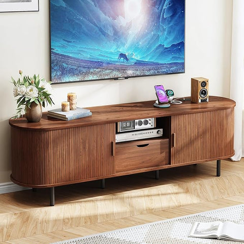 ONBRILL 86.6" TV Stand with Power Outlet for TVs up to 90", Walnut Entertainment Center with Storage and Drawer TV Console w/ Adjustable Shelves & Sliding Door TV Stand for Living Room Bedroom