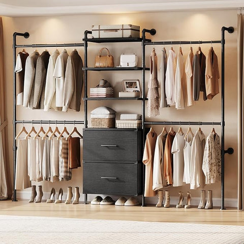 ONBRILL T3 Wall Mounted Industrial Pipe Closet Organizers Storage System Metal Clothing Rack with 2 Drawers, 6 Wooden Shelves & 4 Expandable Rods, Heavy Duty Garment Rack, Wardrobe (Black)