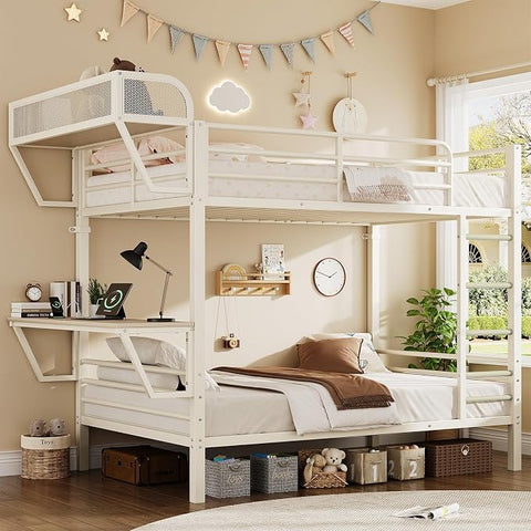 ONBRILL Bunk Bed Twin Over Twin, Metal Bunk Beds with Desk & Outlet, White Heavy-Duty Bunkbeds Frame with Safety Guardrail & Ladders, Upper Bed with Storage Rack, No Box Spring Needed, for Juniors