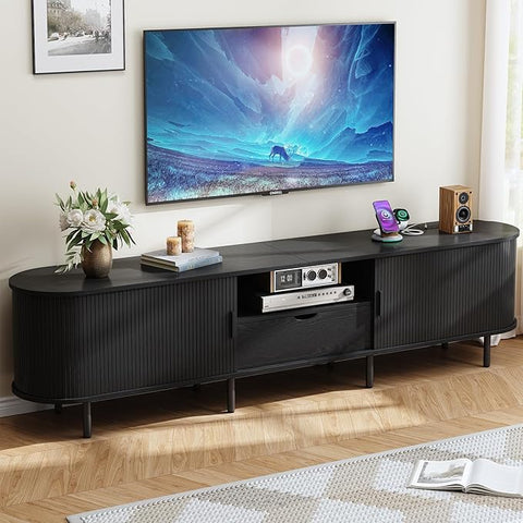 ONBRILL 86.6" TV Stand with Power Outlet for TVs up to 90", Walnut Entertainment Center with Storage and Drawer TV Console w/ Adjustable Shelves & Sliding Door TV Stand for Living Room Bedroom