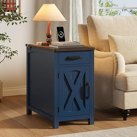 ONBRILL Farmhouse End Table with Charging Station,Rustic White Narrow Side Table,Rustic Sofa Side Table with Storage Tray,23.5"Small Wood Nightstand with Drawer and Storage for Living Room