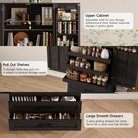 ONBRILL 71" Kitchen Pantry Cabinet, 3 Pull-Out Shelves & 2 Drawers, Black Tall Farmhouse Pantry Storage Cabinet with 6 Door Shelf & Adjustable Shelf, Freestanding Cupboard for Kitchen, Dining Room