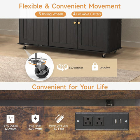 ONBRILL 60" Kitchen Island with Trash Can Storage, Black+Rustic Brown | Kitchen Island Cart with Power Outlet & Drop Leaf, Storage Cabinet with Adjustable Shelf, Rolling Island Table for Kitchen