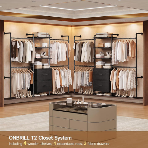 ONBRILL T3 Wall Mounted Industrial Pipe Closet Organizers Storage System Metal Clothing Rack with 2 Drawers, 6 Wooden Shelves & 4 Expandable Rods, Heavy Duty Garment Rack, Wardrobe (Black)