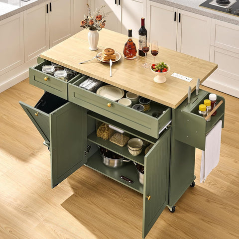 ONBRILL 60" Kitchen Island with Trash Can Storage, Green Kitchen Island Cart with Power Outlet & Drop Leaf, Storage Cabinet with Adjustable Shelf, Rolling Island Table for Kitchen