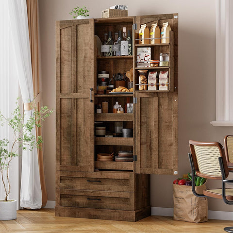 ONBRILL 71" Kitchen Pantry Cabinet 3 Pull-Out Shelf & 2 Drawer Rustic Brown Tall Farmhouse Pantry Storage Cabinet with 6 Door Shelf & Adjustable Shelf, Freestanding Cupboard for Kitchen, Dining Room