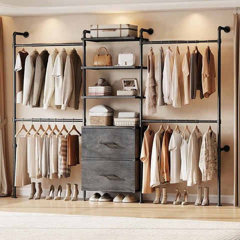 ONBRILL T3 Wall Mounted Industrial Pipe Closet Organizers Storage System Metal Clothing Rack with 2 Drawers, 6 Wooden Shelves & 4 Expandable Rods, Heavy Duty Garment Rack, Wardrobe (Black)