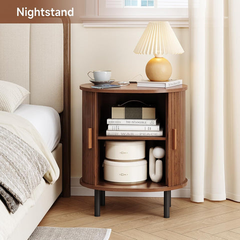 ONBRILL Oval End Table with Charging Station, Sliding Door, Wlanut(1-Pack) Fluted End Table Accent Side Table with Storage/Adjustable Shelf, Mid-Century Nightstand Living Room/Bedroom, Patent Pending