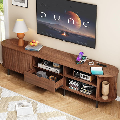 ONBRILL 86.6" TV Stand with Power Outlet for TVs up to 90", Walnut Entertainment Center with Storage and Drawer TV Console w/ Adjustable Shelves & Sliding Door TV Stand for Living Room Bedroom