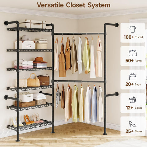 ONBRILL L2 Wall Mounted Closet System, Industrial Pipe Clothing Rack, Black Metal Clothes Rack with 2 Telescopic Rods & 6 Shelves, Heavy Duty Closet Organizers for Wardrobe, Reach-in & Walk-in Closets