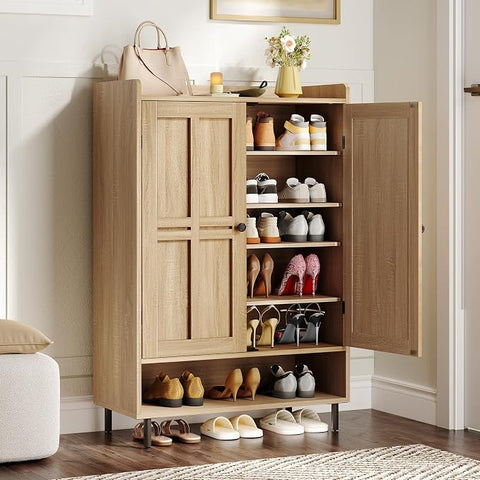 ONBRILL Shoe Cabinet with Cross Molding Doors, 6-Tier Shoe Storage(White) 18-24 Pairs Shoe Storage Cabinet with 3 Adjustable Shelves & Metal Legs, 45 Inch Tall Shoe Organizer for Entryway, Front Door