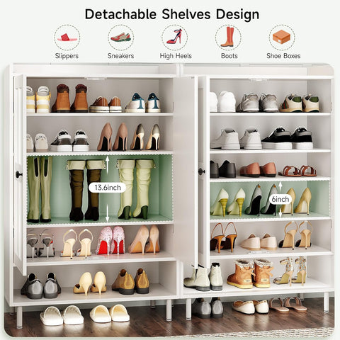 ONBRILL Shoe Cabinet with Cross Molding Doors, 6-Tier Shoe Storage(White) 18-24 Pairs Shoe Storage Cabinet with 3 Adjustable Shelves & Metal Legs, 45 Inch Tall Shoe Organizer for Entryway, Front Door