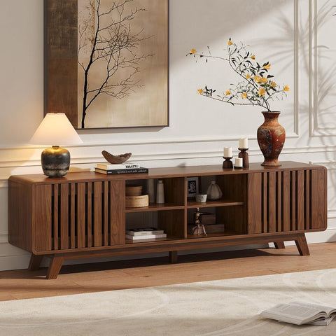ONBRILL 70" TV Stand for TV Up to 85", Mid-Century Modern Television Stand Entertainment Center with Power Outlet, Console Table with Sliding Grille Door Cabinets, Open Shelves for Living Room, Walnut