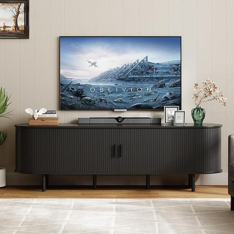 ONBRILL 86.6" TV Stand with Power Outlet & Storage for TVs up to 90“ Walnut Entertainment Center with Adjustable Shelves, Modern Media Console with Sliding Doors for Living Room, Bedroom