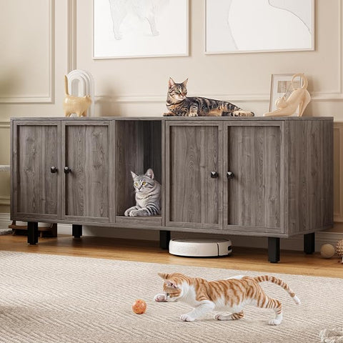 ONBRILL 59 Inches Cat Litter Box Enclosure for 2 Cats, Walnut Modern Hidden Litter Furniture with Cat Scratch Pad, Large Indoor Pet House with Double Room, Wooden TV Stand Side Table