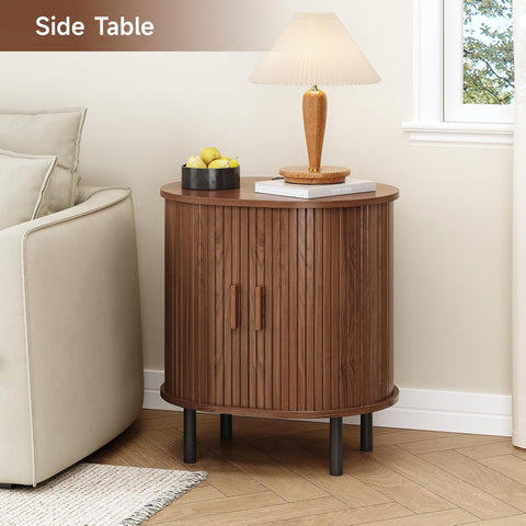 ONBRILL Oval End Table with Charging Station, Sliding Door, Wlanut(1-Pack) Fluted End Table Accent Side Table with Storage/Adjustable Shelf, Mid-Century Nightstand Living Room/Bedroom, Patent Pending
