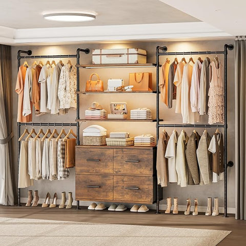 ONBRILL T3 Closet System with Stepless Dimmable LED Light & 4 Large Drawers Adjustable from 6'6'' to 8'11'', Heavy Duty Industrial Pipe Clothing Rack with 6 Wooden Shelves & 4 Telescopic Rods, Black