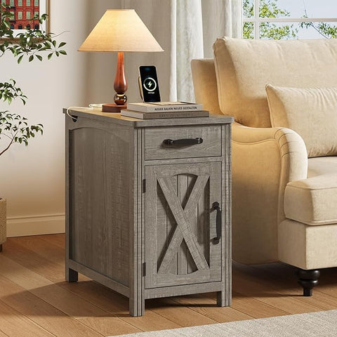 ONBRILL Farmhouse End Table with Charging Station,Rustic White Narrow Side Table,Rustic Sofa Side Table with Storage Tray,23.5"Small Wood Nightstand with Drawer and Storage for Living Room