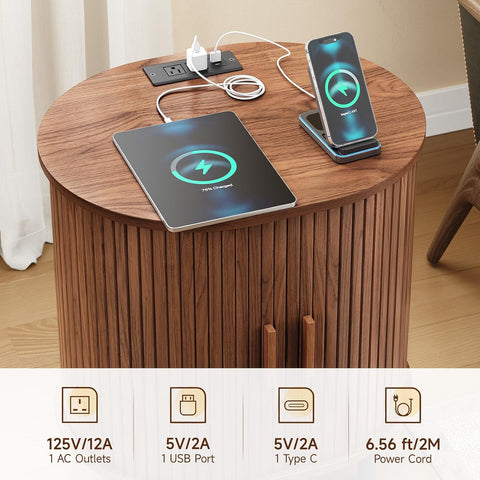 ONBRILL Oval End Table with Charging Station, Sliding Door, Wlanut(1-Pack) Fluted End Table Accent Side Table with Storage/Adjustable Shelf, Mid-Century Nightstand Living Room/Bedroom, Patent Pending