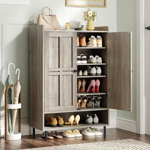 ONBRILL Shoe Cabinet with Cross Molding Doors, 6-Tier Shoe Storage(White) 18-24 Pairs Shoe Storage Cabinet with 3 Adjustable Shelves & Metal Legs, 45 Inch Tall Shoe Organizer for Entryway, Front Door