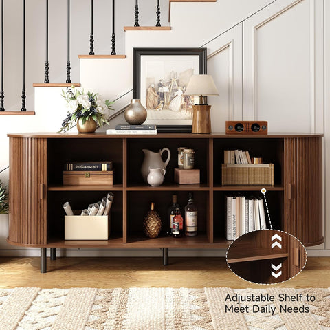 ONBRILL 70" Sideboard Buffet Cabinet, Sliding Door/Adjustable Shelf, Walnut Buffet Sideboard Storage Cabinet Mid-Century Modern Accent Coffee Bar Cabinet Console Table for Kitchen/Entryway/Dining Room