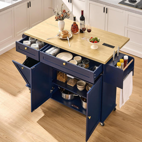 ONBRILL 60" Kitchen Island with Trash Can Storage, Blue Kitchen Island Cart with Power Outlet & Drop Leaf, Storage Cabinet with Adjustable Shelf, Rolling Island Table for Kitchen