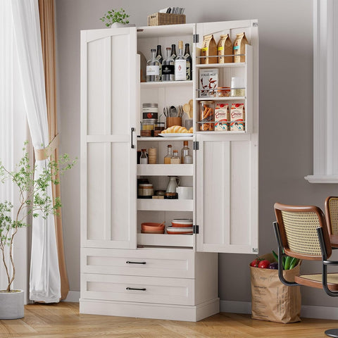 ONBRILL 71" Kitchen Pantry Cabinet, 3 Pull-Out Shelf & 2 Drawer, Off-White Tall Farmhouse Pantry Storage Cabinet with 6 Door Shelf & Adjustable Shelf, Freestanding Cupboard for Kitchen, Dining Room