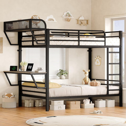 ONBRILL Bunk Bed Twin Over Twin, Metal Bunk Beds with Desk & Outlet, Black Heavy-Duty Bunkbeds Frame with Safety Guardrail & Ladders, Upper Bed with Storage Rack, No Box Spring Needed, for Juniors