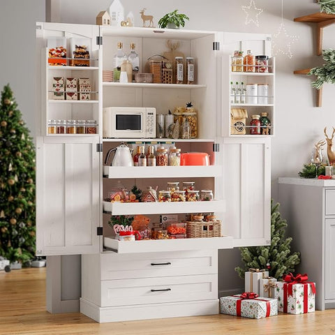 ONBRILL 71" Kitchen Pantry Cabinet, 3 Pull-Out Shelf & 2 Drawer, Off-White Tall Farmhouse Pantry Storage Cabinet with 6 Door Shelf & Adjustable Shelf, Freestanding Cupboard for Kitchen, Dining Room