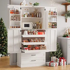 ONBRILL 71" Kitchen Pantry Cabinet 3 Pull-Out Shelf & 2 Drawer Rustic Brown Tall Farmhouse Pantry Storage Cabinet with 6 Door Shelf & Adjustable Shelf, Freestanding Cupboard for Kitchen, Dining Room