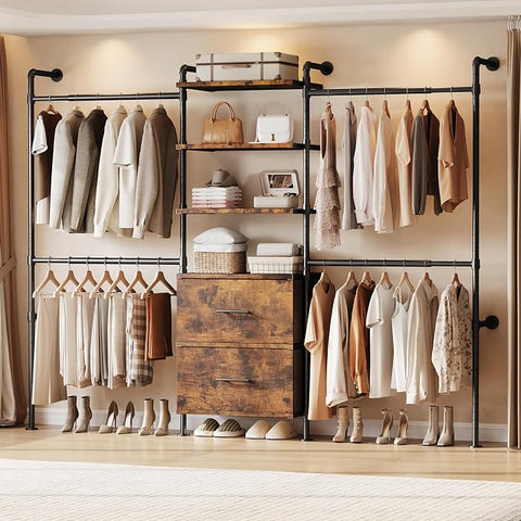 ONBRILL T3 Wall Mounted Industrial Pipe Closet Organizers Storage System Metal Clothing Rack with 2 Drawers, 6 Wooden Shelves & 4 Expandable Rods, Heavy Duty Garment Rack, Wardrobe (Black)