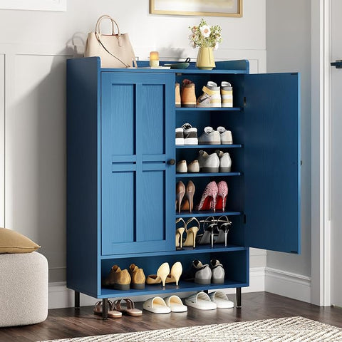 ONBRILL Shoe Cabinet with Cross Molding Doors, 6-Tier Shoe Storage(White) 18-24 Pairs Shoe Storage Cabinet with 3 Adjustable Shelves & Metal Legs, 45 Inch Tall Shoe Organizer for Entryway, Front Door