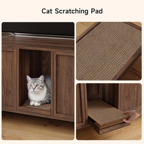 ONBRILL 59 Inches Cat Litter Box Enclosure for 2 Cats, Walnut Modern Hidden Litter Furniture with Cat Scratch Pad, Large Indoor Pet House with Double Room, Wooden TV Stand Side Table