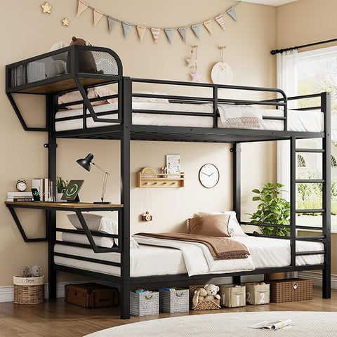 ONBRILL Bunk Bed Twin Over Twin, Metal Bunk Beds with Desk & Outlet, White Heavy-Duty Bunkbeds Frame with Safety Guardrail & Ladders, Upper Bed with Storage Rack, No Box Spring Needed, for Juniors
