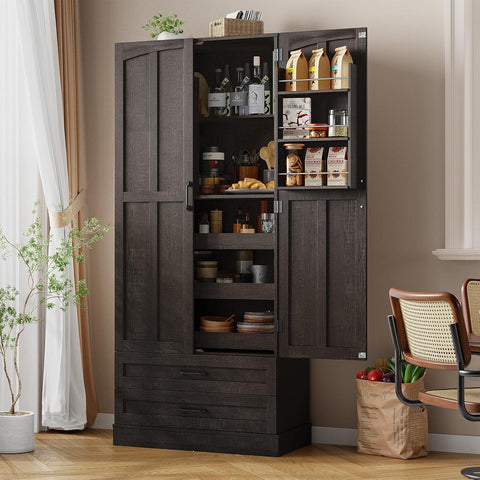 ONBRILL 71" Kitchen Pantry Cabinet, 3 Pull-Out Shelves & 2 Drawers, Black Tall Farmhouse Pantry Storage Cabinet with 6 Door Shelf & Adjustable Shelf, Freestanding Cupboard for Kitchen, Dining Room