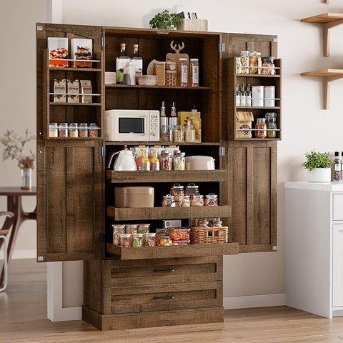 ONBRILL 71" Kitchen Pantry Cabinet 3 Pull-Out Shelf & 2 Drawer Rustic Brown Tall Farmhouse Pantry Storage Cabinet with 6 Door Shelf & Adjustable Shelf, Freestanding Cupboard for Kitchen, Dining Room
