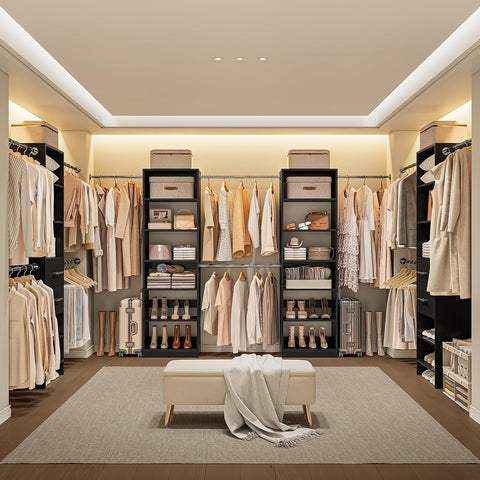 ONBRILL W1 3.5FT-7.7FT Closet System with 4 Chrome-Plated Telescopic Rods Modular Closet Organizer System with 6 Adjustable Shelves, Custom Wood Walk-In & Reach-In Closet Organizer, Wall Mount, Black