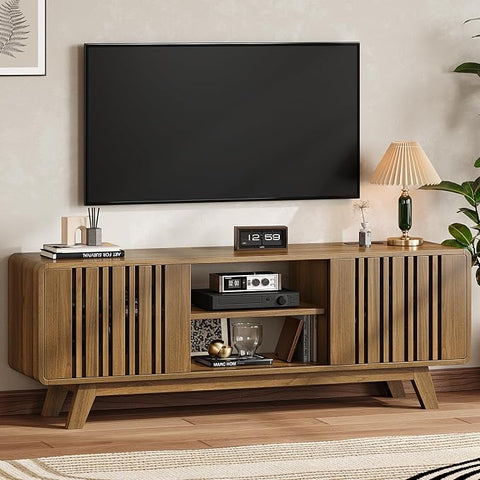 ONBRILL 70" TV Stand for TV Up to 85", Mid-Century Modern Television Stand Entertainment Center with Power Outlet, Console Table with Sliding Grille Door Cabinets, Open Shelves for Living Room, Walnut