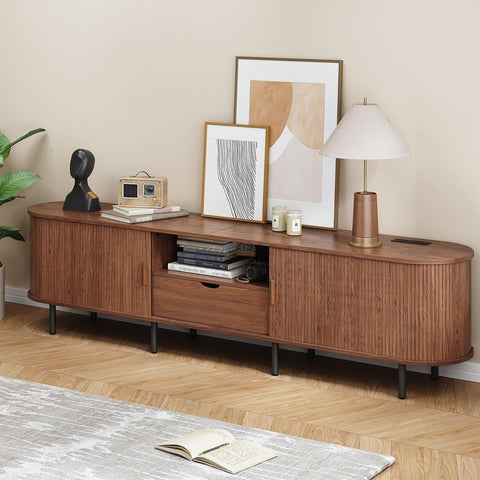 ONBRILL 86.6" TV Stand with Power Outlet for TVs up to 90", Walnut Entertainment Center with Storage and Drawer TV Console w/ Adjustable Shelves & Sliding Door TV Stand for Living Room Bedroom