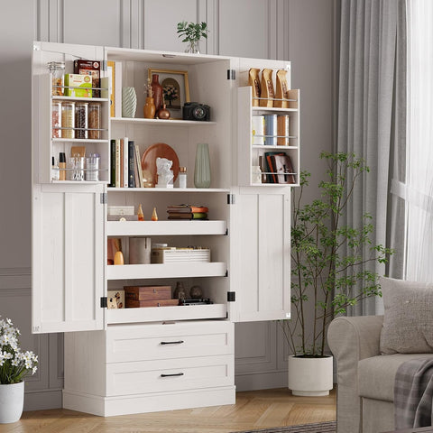 ONBRILL 71" Kitchen Pantry Cabinet, 3 Pull-Out Shelf & 2 Drawer, Off-White Tall Farmhouse Pantry Storage Cabinet with 6 Door Shelf & Adjustable Shelf, Freestanding Cupboard for Kitchen, Dining Room
