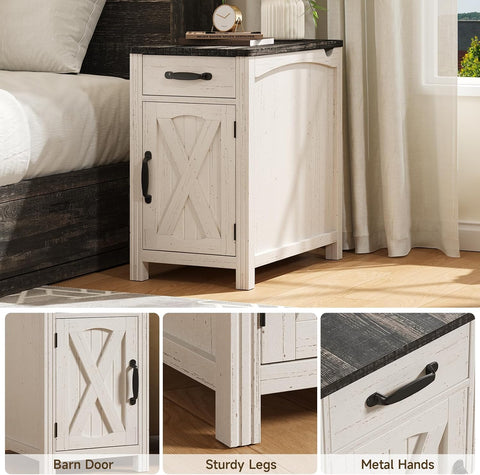 ONBRILL Farmhouse End Table with Charging Station,Rustic White Narrow Side Table,Rustic Sofa Side Table with Storage Tray,23.5"Small Wood Nightstand with Drawer and Storage for Living Room