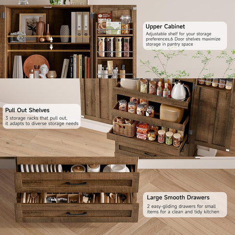 ONBRILL 71" Kitchen Pantry Cabinet 3 Pull-Out Shelf & 2 Drawer Rustic Brown Tall Farmhouse Pantry Storage Cabinet with 6 Door Shelf & Adjustable Shelf, Freestanding Cupboard for Kitchen, Dining Room