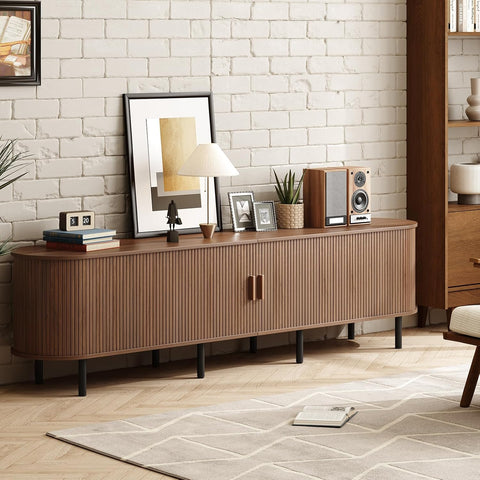 ONBRILL 86.6" TV Stand with Power Outlet & Storage for TVs up to 90“ Walnut Entertainment Center with Adjustable Shelves, Modern Media Console with Sliding Doors for Living Room, Bedroom